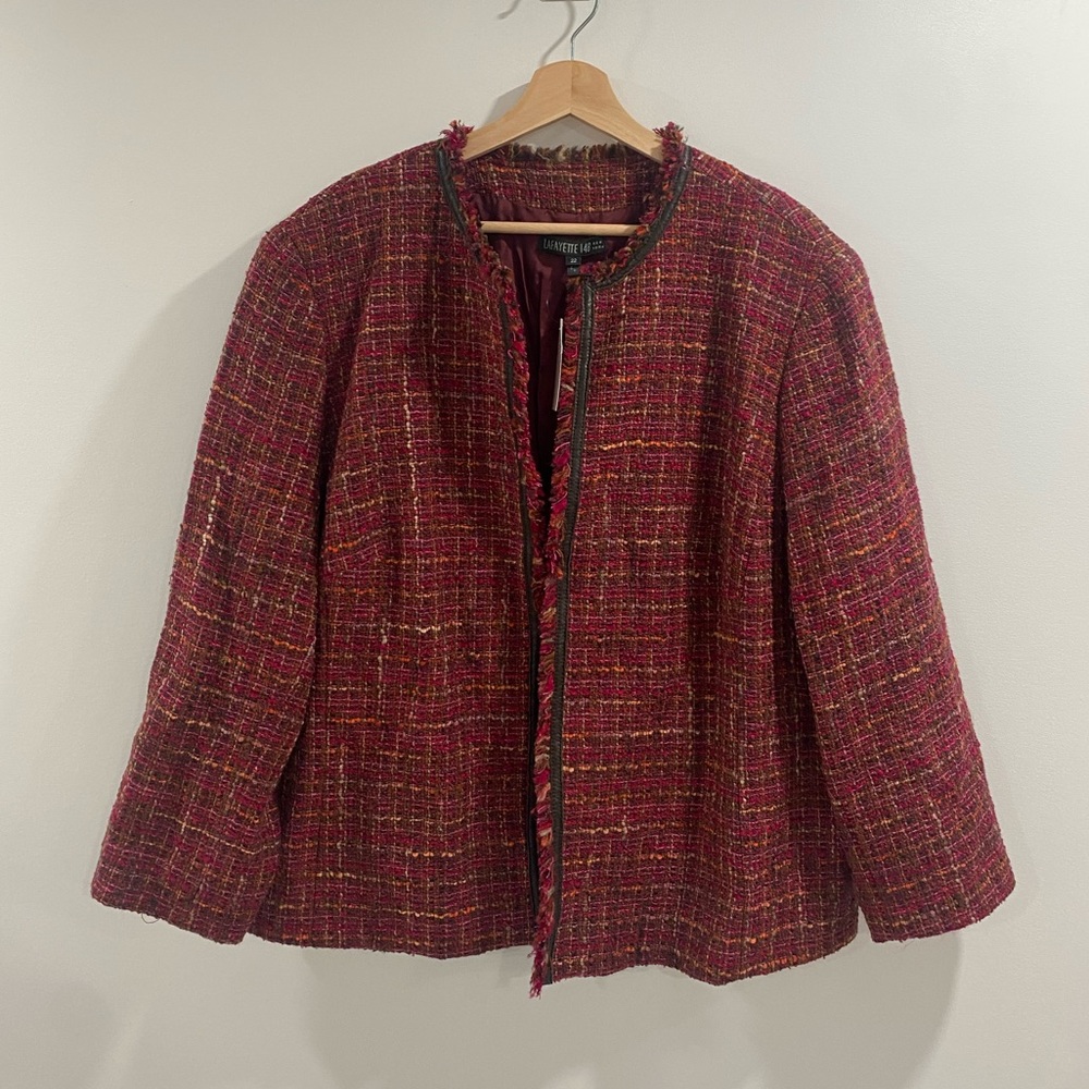 Lafayette 148 New York Burgundy Tweed Fringe-Trim Blazer